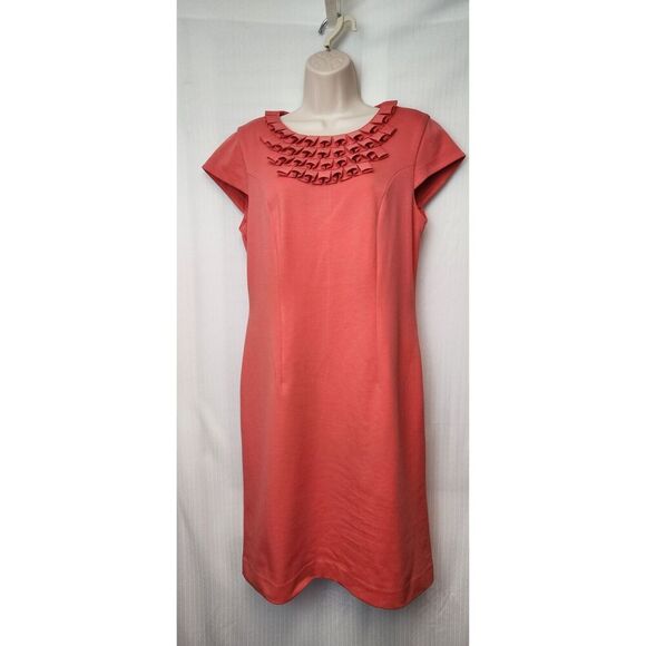 Adrienne Vittadini Ponte Coral Salmon Loop Pleat Neck Sheath Dress Size 10 - Picture 4 of 9